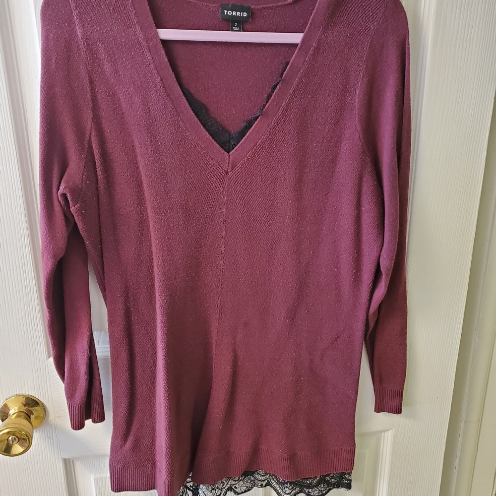 Burgundy torrid sweater with lace detail